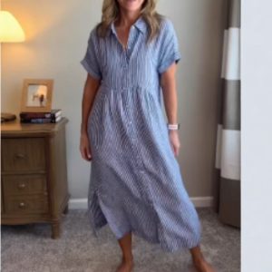 European and American cross-border loose plus size striped short-sleeved shirt dress for women, new summer casual cotton linen mid-length skirt