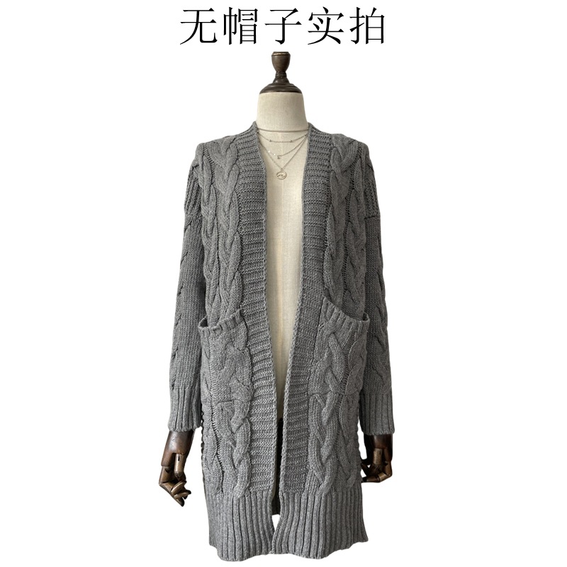 New cross-border e-commerce product, European and American foreign trade, Amazon, solid color loose knitted cardigan, chunky cable knit mid-length sweater coat for women. - Image 2