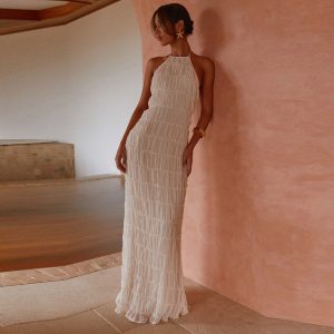 51618 Backless Pleated Striped Dress