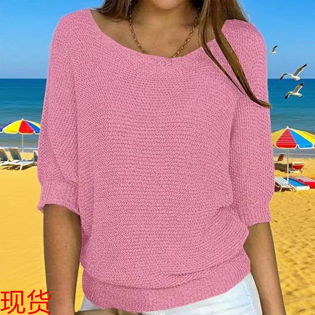 2026 New Russian AliExpress Wish Solid Color Crew Neck Knitted Top Women's Three-Quarter Sleeve Top Air Conditioning Shirt In Stock - Image 2