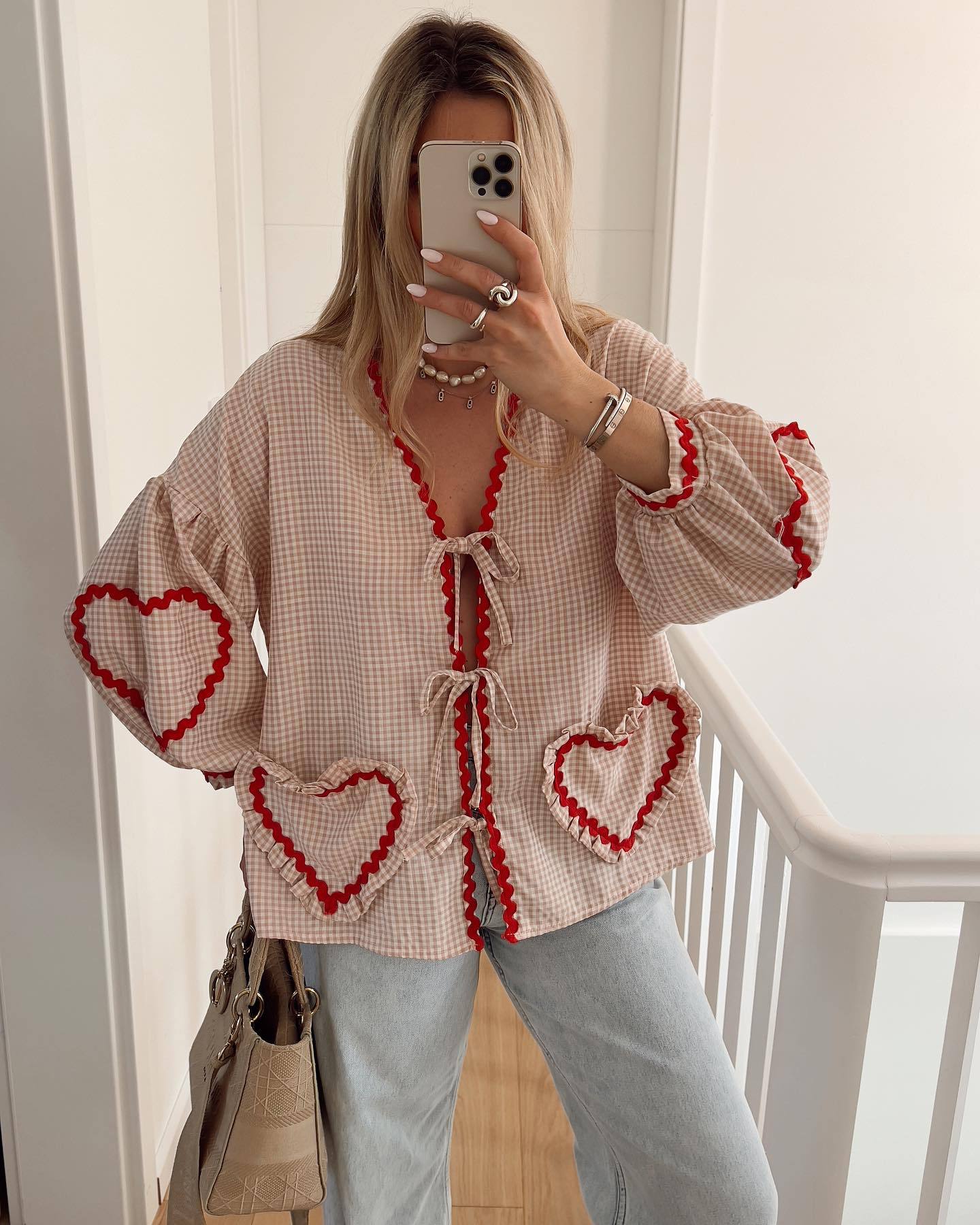 GY25071 Fashion contrast color plaid lantern sleeve top - Image 7