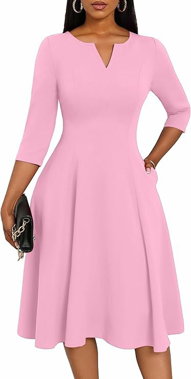 Amazon Midi Dress, Fitted Flare Dress, Three-Quarter Sleeve Wedding Guest Dress - Image 12