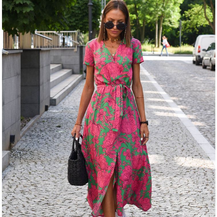 2023 European and American women's cross-border foreign trade AliExpress Amazon summer new v-neck print tie dress - Image 6