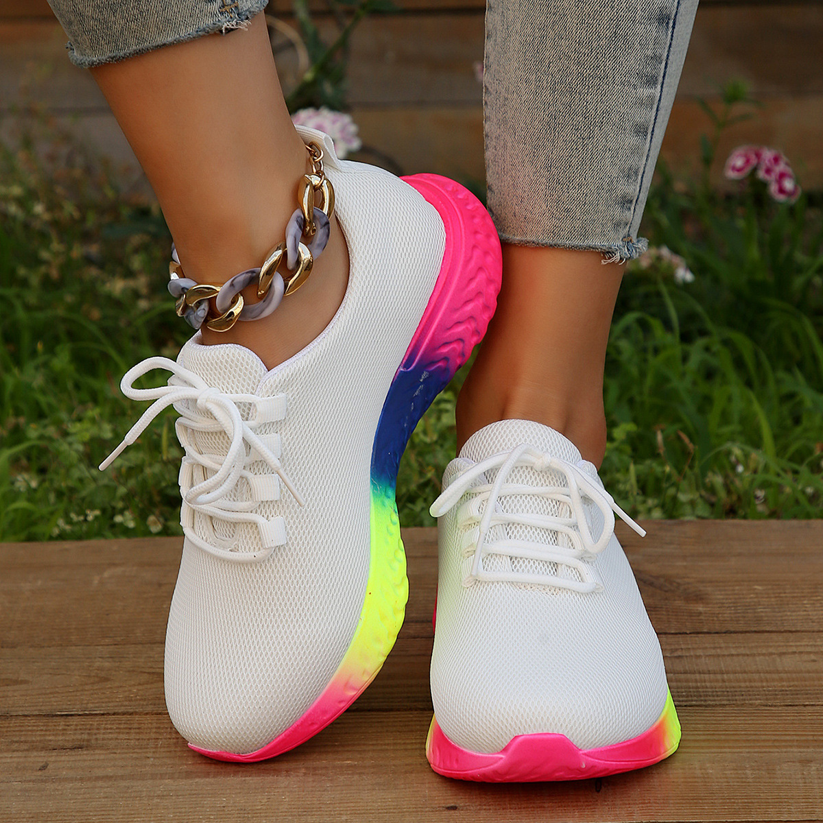 New cross-border 2023 autumn European and American large size 36~43 rainbow single shoes women's casual thick-soled lace-up sports shoes women - Image 8