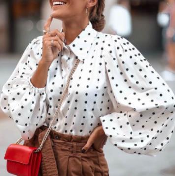 European and American style collared polka dot loose lantern sleeve chiffon blouse women's long sleeve shirt - Image 5