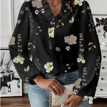 2026 Amazon Foreign Trade Cross-border Wish Independent Station European and American Spring and Autumn Ruffled Blouse Women's Long Sleeve Shirt - Image 3