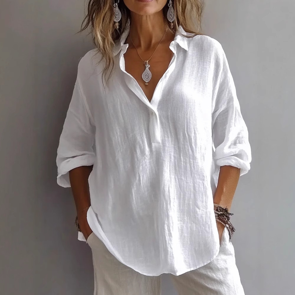 2025 Spring/Summer European and American Style Solid Color Casual Loose Long-Sleeved Linen V-Neck Shirt, Amazon Shirt for Women - Image 6