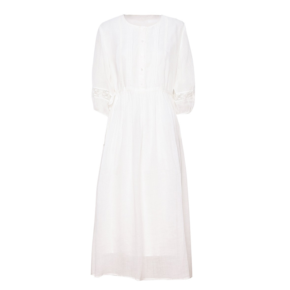 2024 Spring/Summer New Arrival: White Flowy Linen Lace-Trimmed Lantern Sleeve Tie-Waist Slimming Dress - Image 7