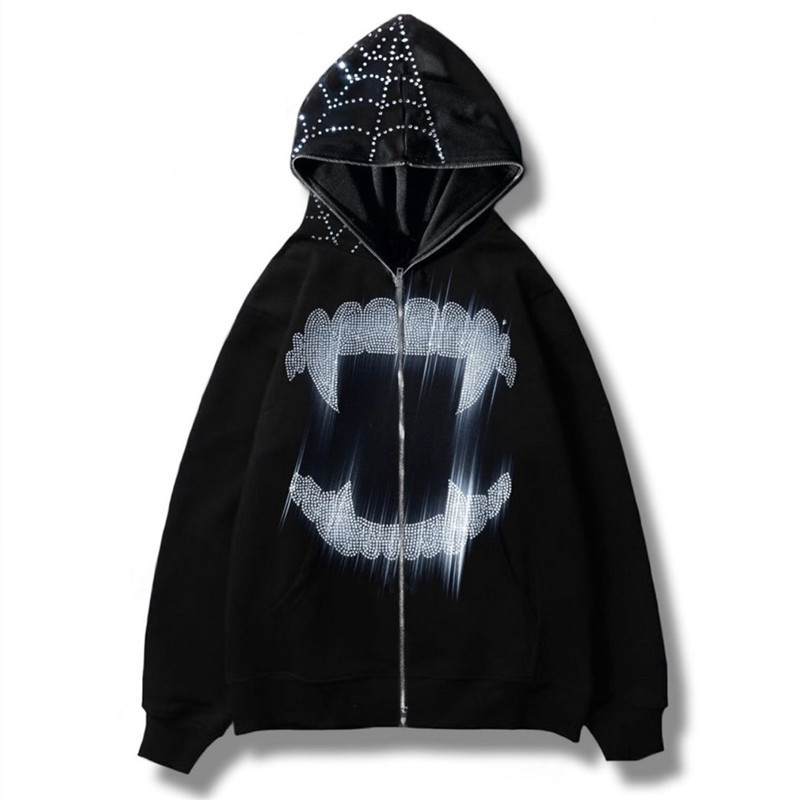 2022 AliExpress New Ladies Street Hoodie Skull Rhinestone Zipper Hooded Hoodie - Image 3