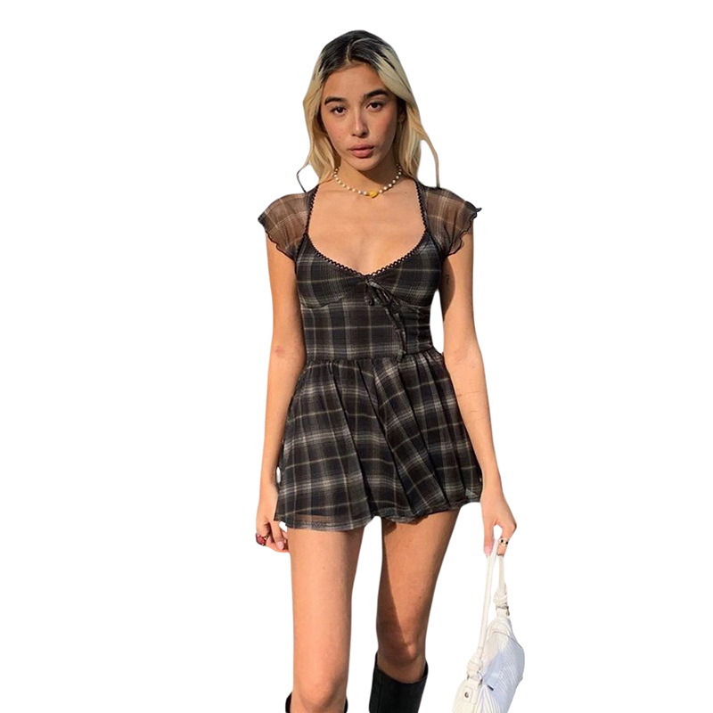 Fashion trend 2021 European and American style foreign trade spring and summer new products women's sexy slim plaid square neck dress women - Image 2
