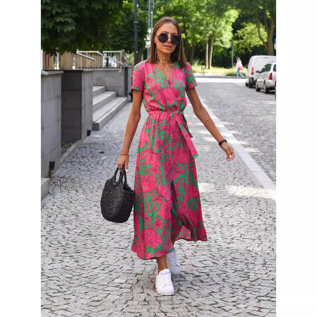 Amazon hot sale new summer European and American printed V-neck short-sleeved lace-up adjustable waist slit long skirt dress - Image 6