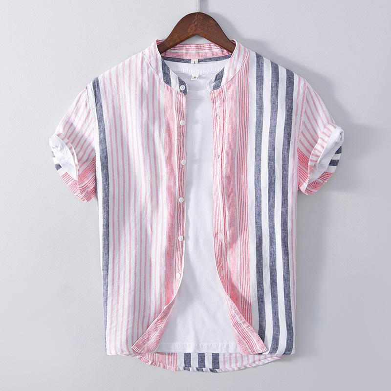 L540 Summer men's five-point sleeve striped shirt casual linen breathable color matching short-sleeved shirt men's one piece - Image 2