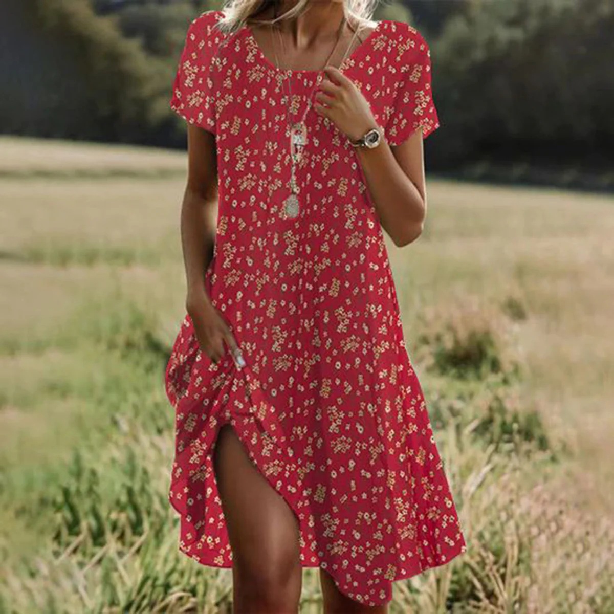 Cross-border Amazon AliExpress independent website summer hot-selling literary and ethnic style large round neck mid-length dress - Image 4