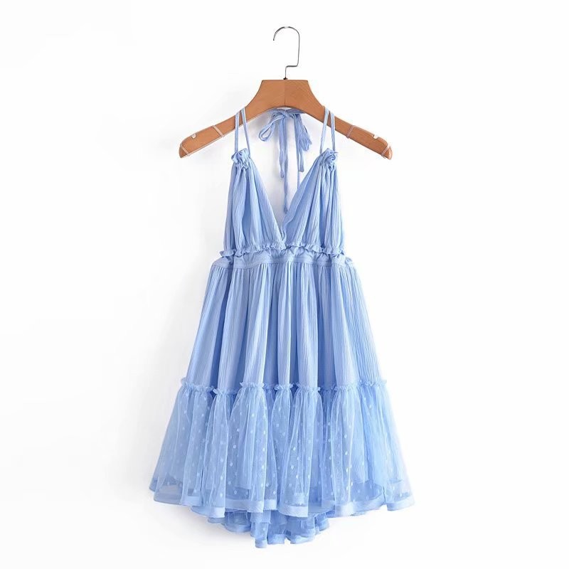 Foreign Trade 2022 Summer New European and American V-neck Waist Slim Hem Mesh Stitching Backless Suspender Dress Women - Image 8