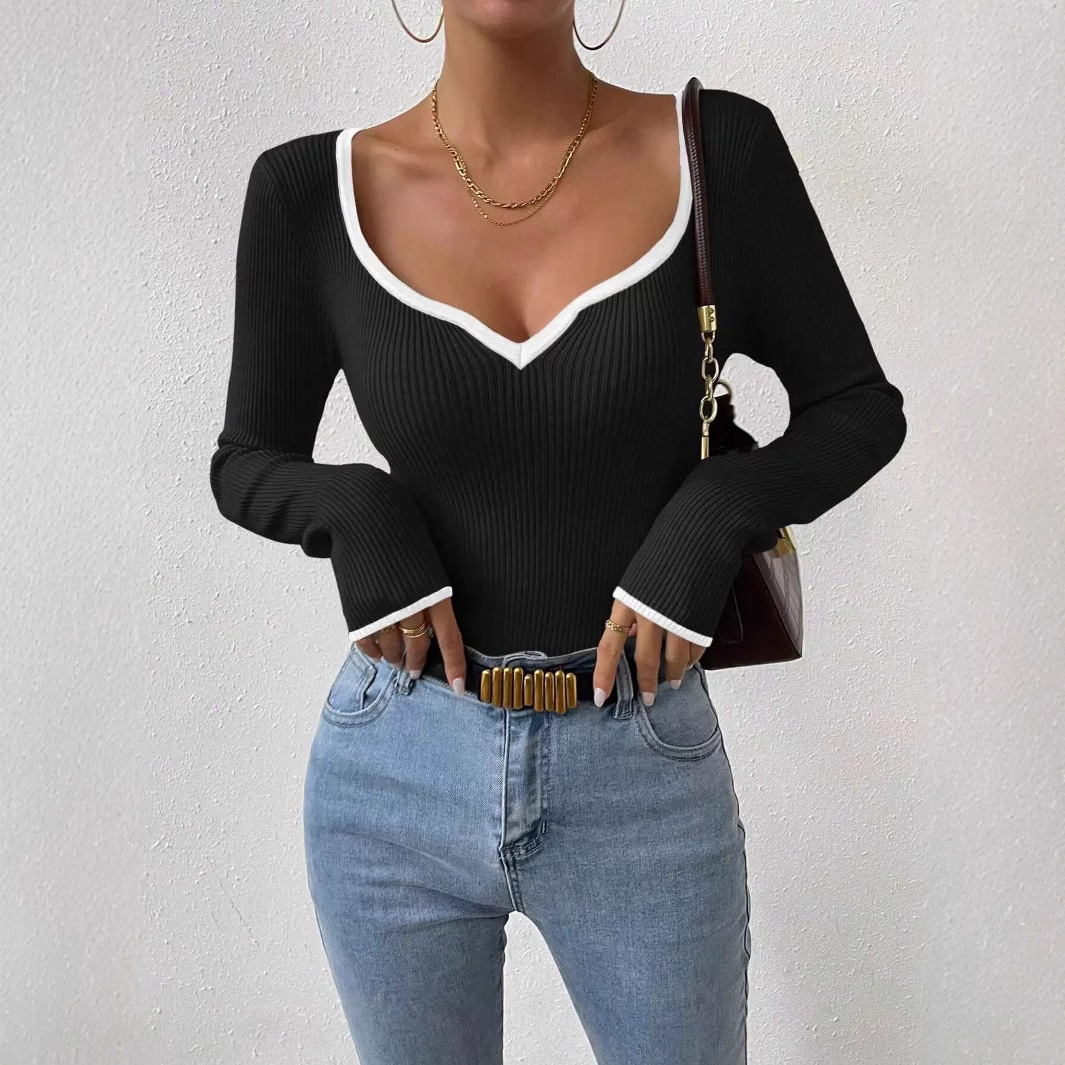 New European and American style V-neck striped knit base layer top, slim fit, sexy solid color, fashionable and versatile women's sweater. - Image 8