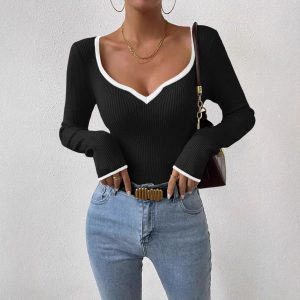 New European and American style V-neck striped knit base layer top, slim fit, sexy solid color, fashionable and versatile women's sweater.