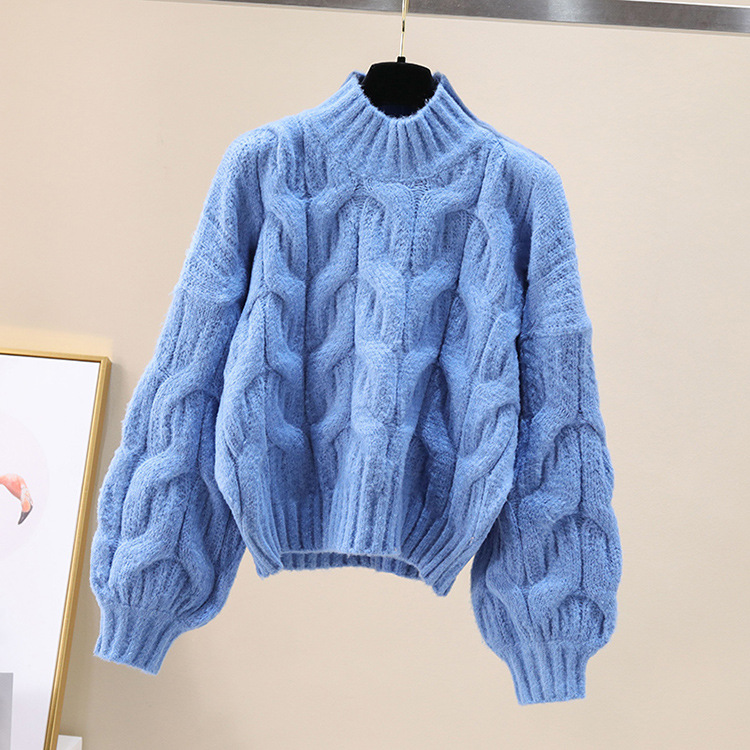 Lantern puff sleeve round neck cable knit pullover sweater for women, autumn and winter, lazy style, Korean style, loose and thick cable knit sweater - Image 11