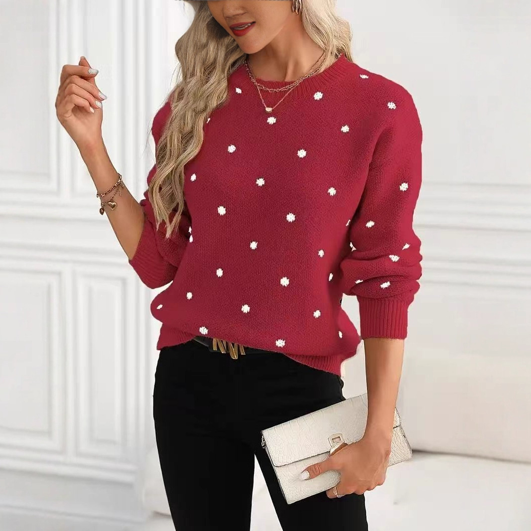 Popular European and American style polka dot knit sweater, sweet round neck long-sleeved top, fashionable and versatile pullover sweater for autumn and winter. - Image 2