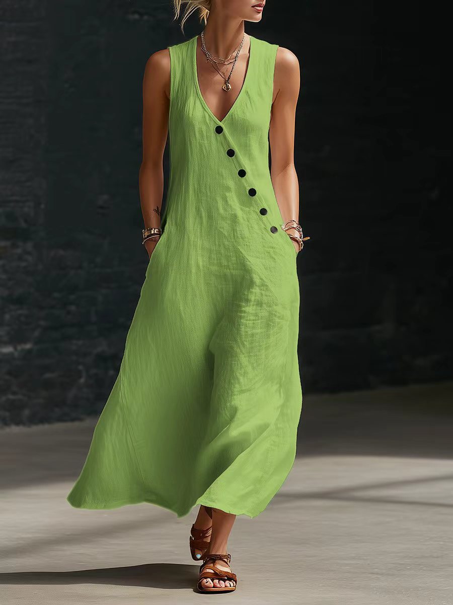 In stock Amazon summer cross-border V-neck sleeveless diagonal button vest dress long women's vacation casual dress - Image 16