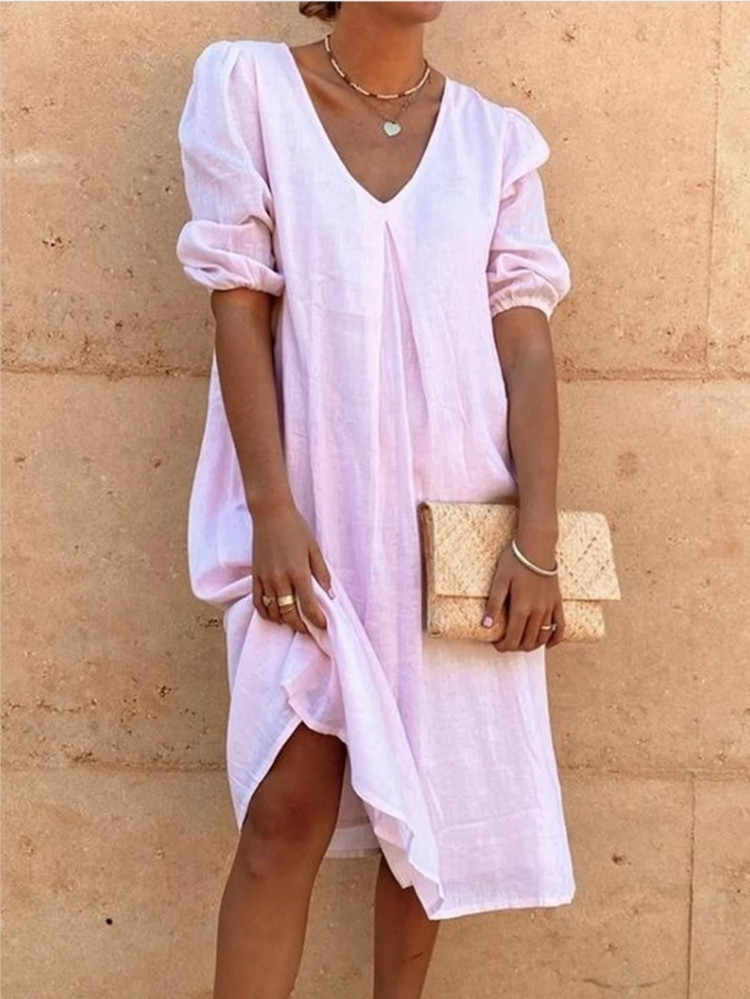 2024 Amazon Wish Cotton Linen Solid Color Mid-Length Sleeve Casual Mid-Length Dress, Elegant Commuter Style, Full Swing - Image 10