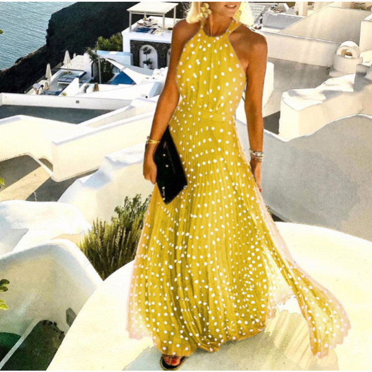 2021 European and American foreign trade new style round neck sleeveless printed pleated dress women's dress long skirt - Image 2