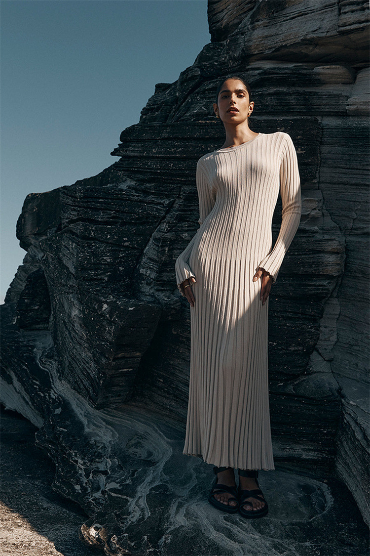 Long-sleeved round neck tight knitted long skirt 2023 new autumn sweater skirt pit solid color bottoming European and American dress - Image 4