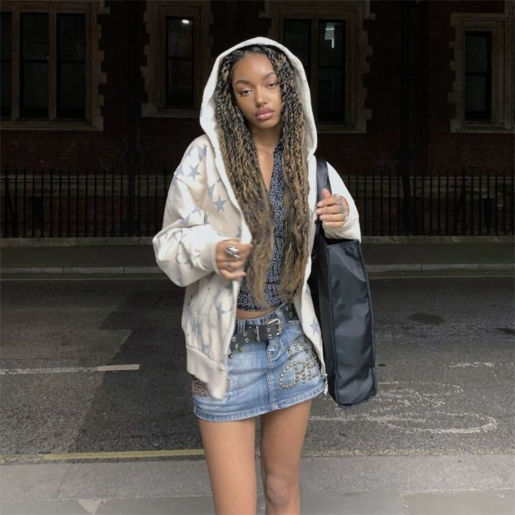 Amazon autumn and winter European and American couple models star print casual fashion cardigan hooded women's sweater jacket - Image 5