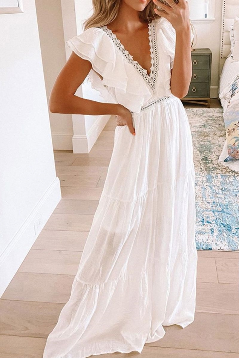 2021 European and American spring and summer new short-sleeved dress for women Amazon foreign trade white lace V-neck long dress - Image 3