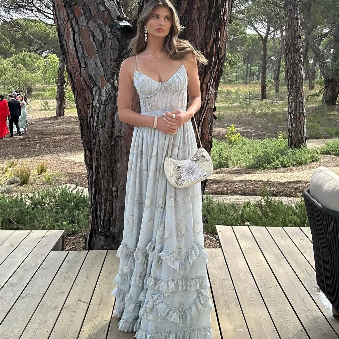 Cross-border European and American fashion summer new blue French style suspender dress, resort style floral waist-cinching long dress SY385 - Image 3