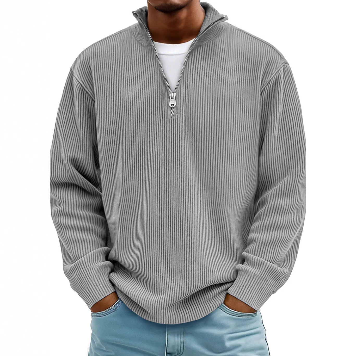 Amazon 2025 Fall/Winter New Men's Casual Stand Collar Zipper Corduroy Long Sleeve Polo Shirt/Sweatshirt - Image 4