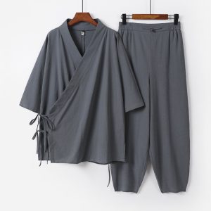 Chinese Style Autumn Linen Suit for Men, Two-Piece Set, Traditional Chinese Tang Suit/Hanfu, Retro Tie-Up Cotton Linen Tea Zen Robe