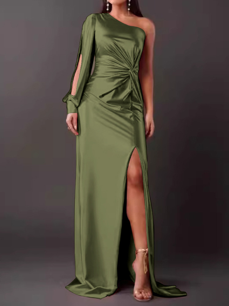2024 summer new European and American Amazon cross-border women's clothing oblique collar raglan sleeves pleated waist slit sexy long skirt - Image 15