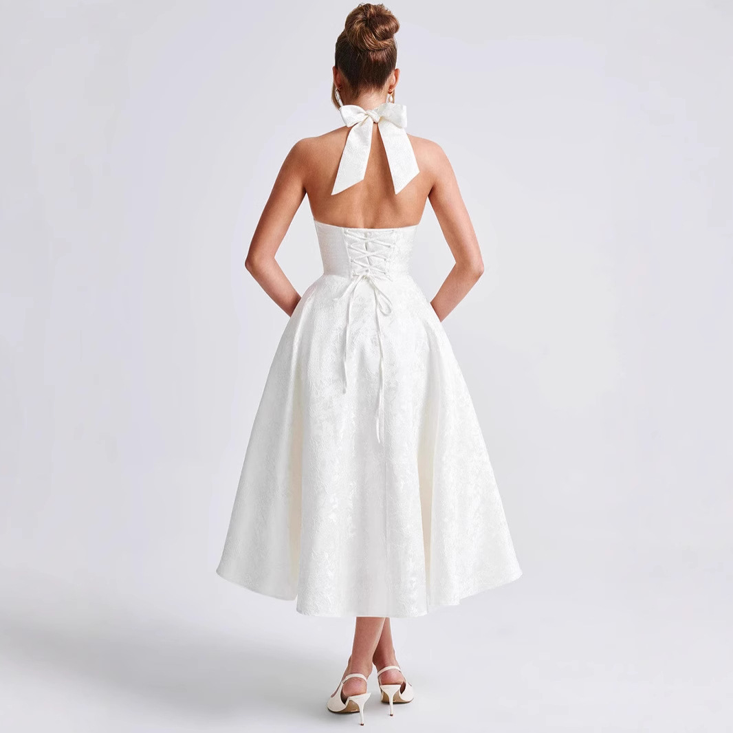 European and American cross-border V-neck halter neck jacquard dress high-end evening dress spring and summer temperament sleeveless backless waist long dress - Image 3