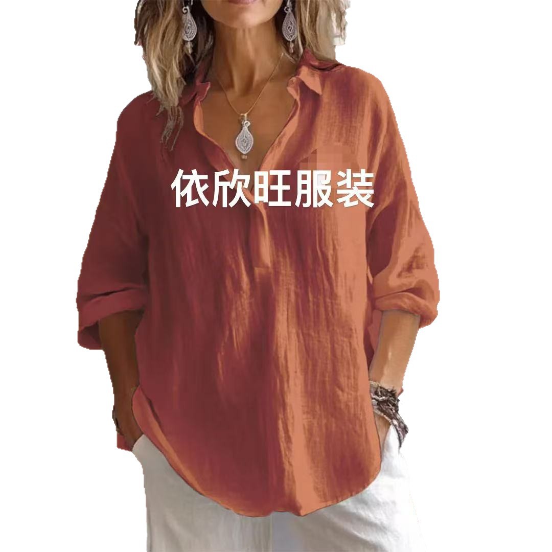 2025 Spring/Summer European and American Style Solid Color Casual Loose Long-Sleeved Linen V-Neck Shirt, Amazon Shirt for Women - Image 5