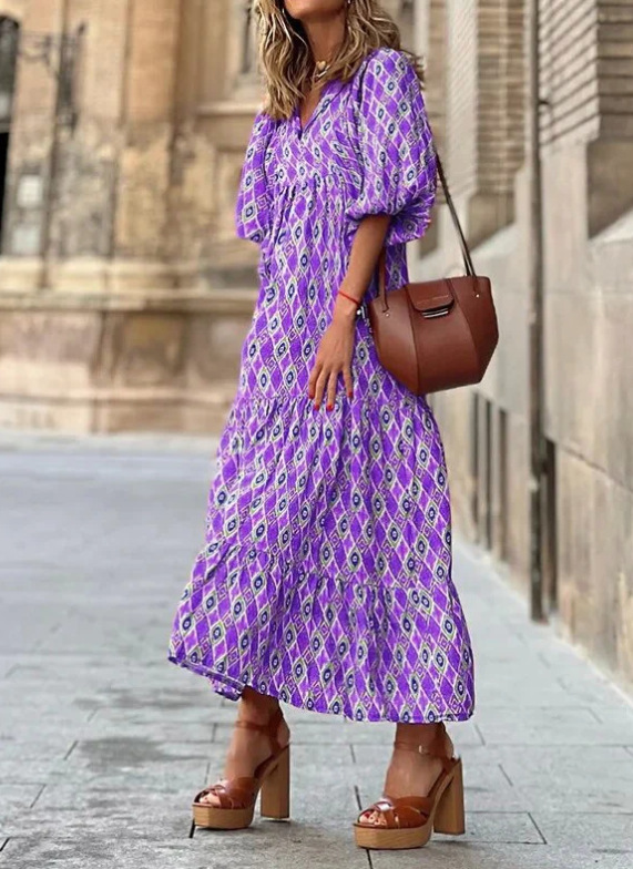 Cross-border European and American plus-size ladies loose-fitting Bohemian round-neck lantern-sleeve sweet girl dress - Image 13