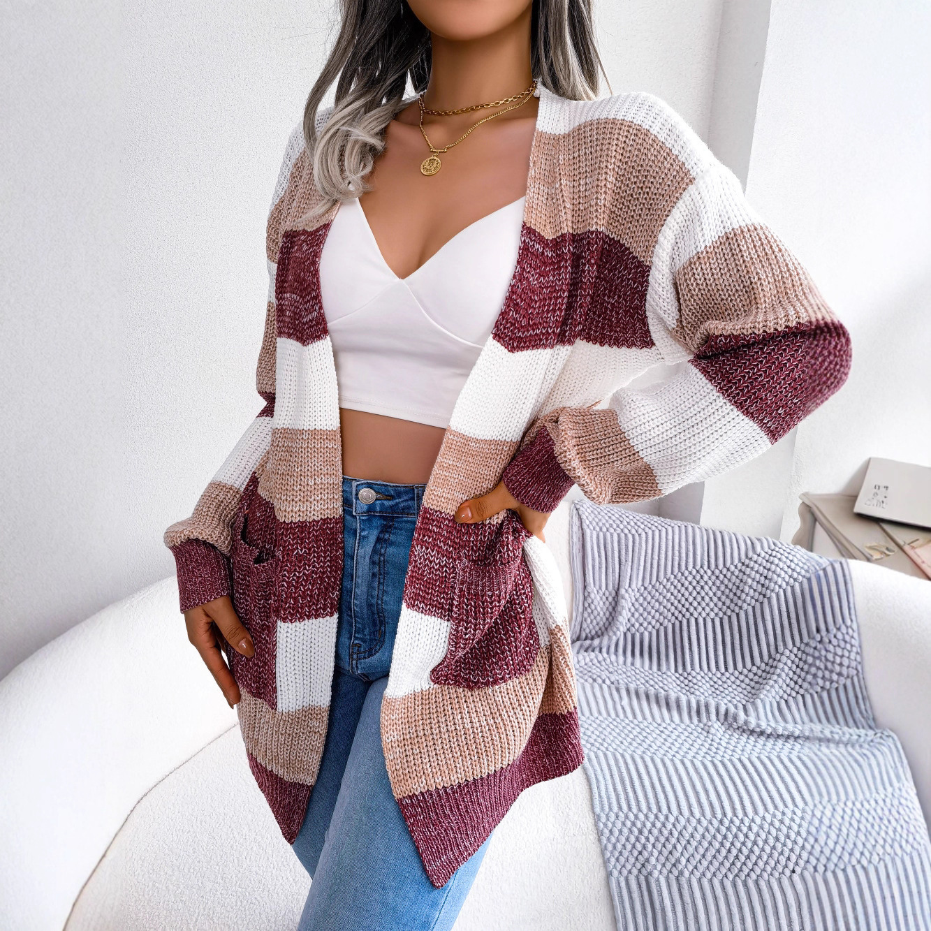 Real photos of European and American style autumn/winter color-blocked striped lantern sleeve casual cardigan sweater coat - Amazon cross-border women's clothing - Image 3