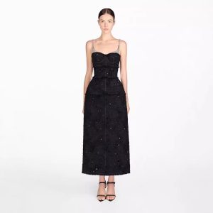 Spot temperament bow edge suspender long skirt celebrity slim waist black dress 40223
