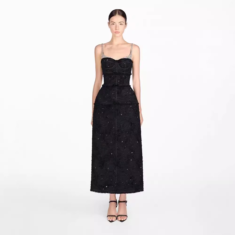 Spot temperament bow edge suspender long skirt celebrity slim waist black dress 40223