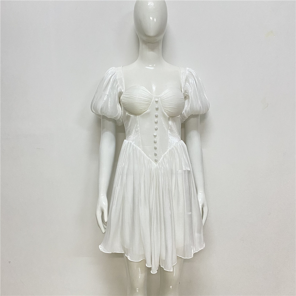 French sexy one-shoulder dress 2023 summer new fashion puff sleeve pleated waist slimming dress - Image 4