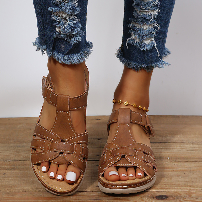 2022 cross-border Rome spring fashion retro cross women's sandals car line light soft bottom wedge comfortable sandals women - Image 5