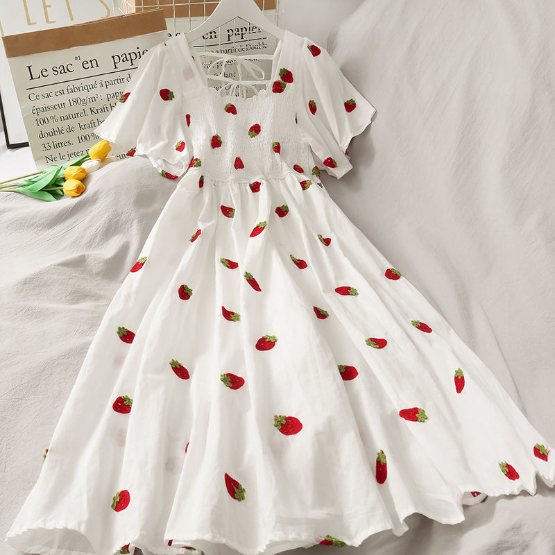 2021 new high-waisted mid-length pineapple print beautiful back age-reducing skirt women's large size lace-up pleated dress summer