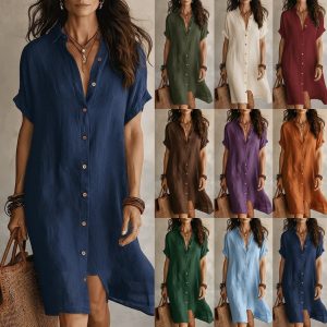 2026 Cross-border European and American New Spring/Summer Amazon Cotton Linen Fashion Casual Short-sleeved Cardigan Dress