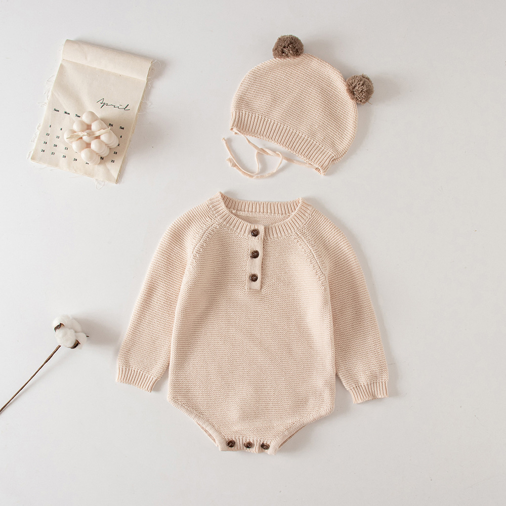 2021 Korean version of the newborn baby autumn knitted jumpsuit male and female baby cute hat bag fart crawling sweater - Image 5