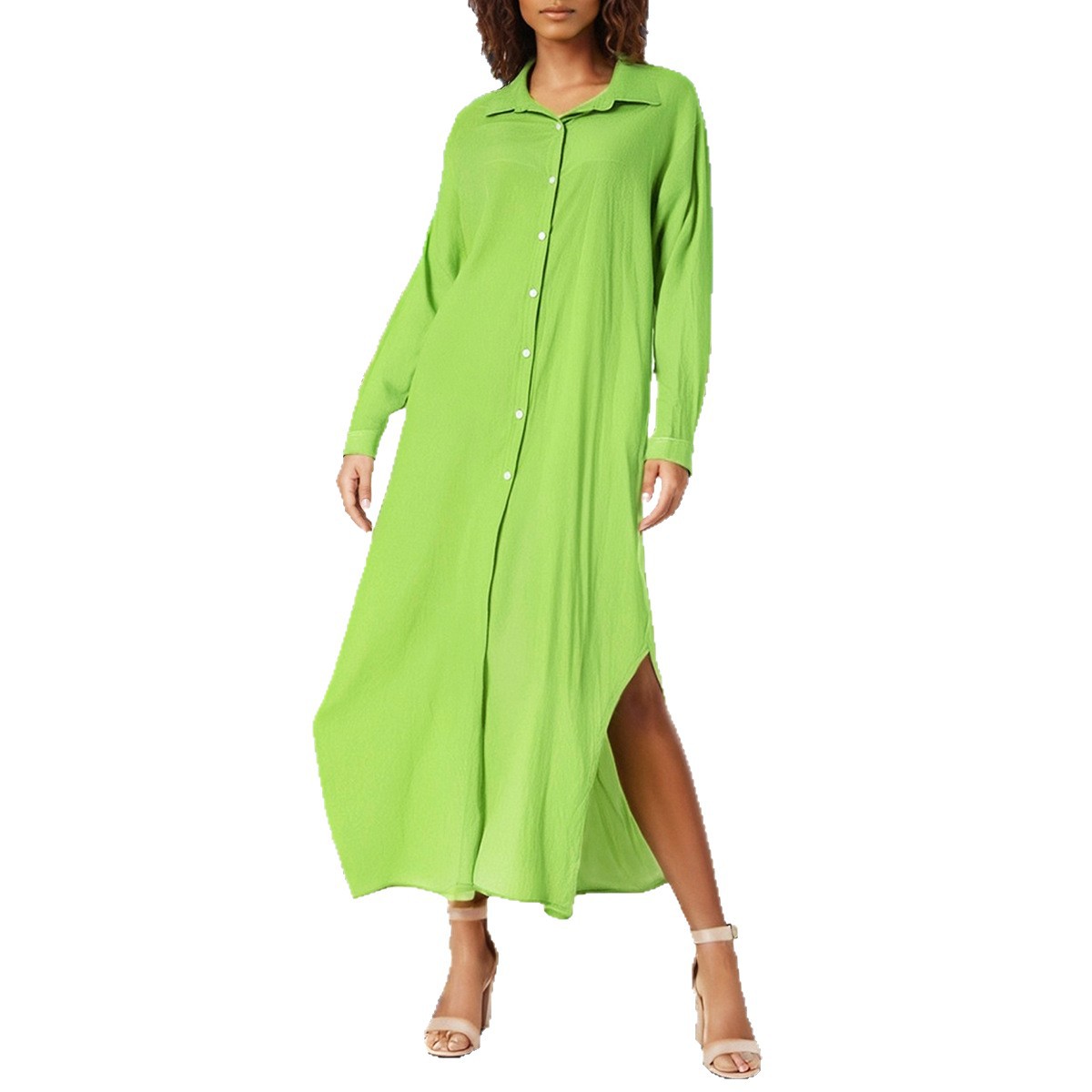 FD1038 In Stock 2024 Spring New Women's Solid Color Lapel Mid-Length Resort Cotton Linen Shirt Dress - Image 6