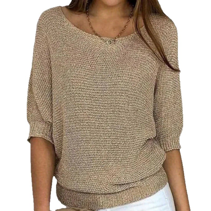 2026 New Russian AliExpress Wish Solid Color Crew Neck Knitted Top Women's Three-Quarter Sleeve Top Air Conditioning Shirt In Stock - Image 5