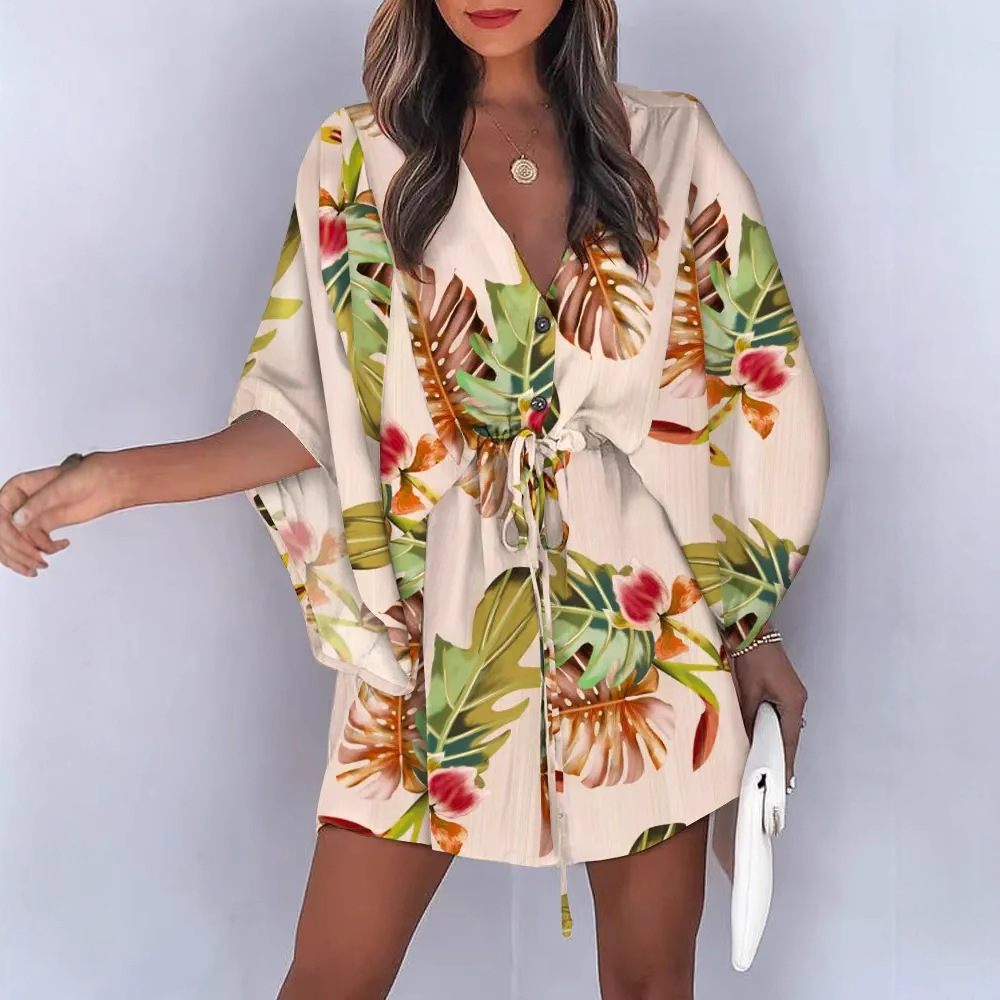 2023 Cross-border European and American Summer Flutter Sleeve A-line Dress Wish Amazon V-neck Tie-up Casual Vacation Short Dress - Image 3