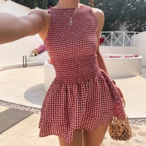 Retro Plaid Halter-Neck Mini Dress