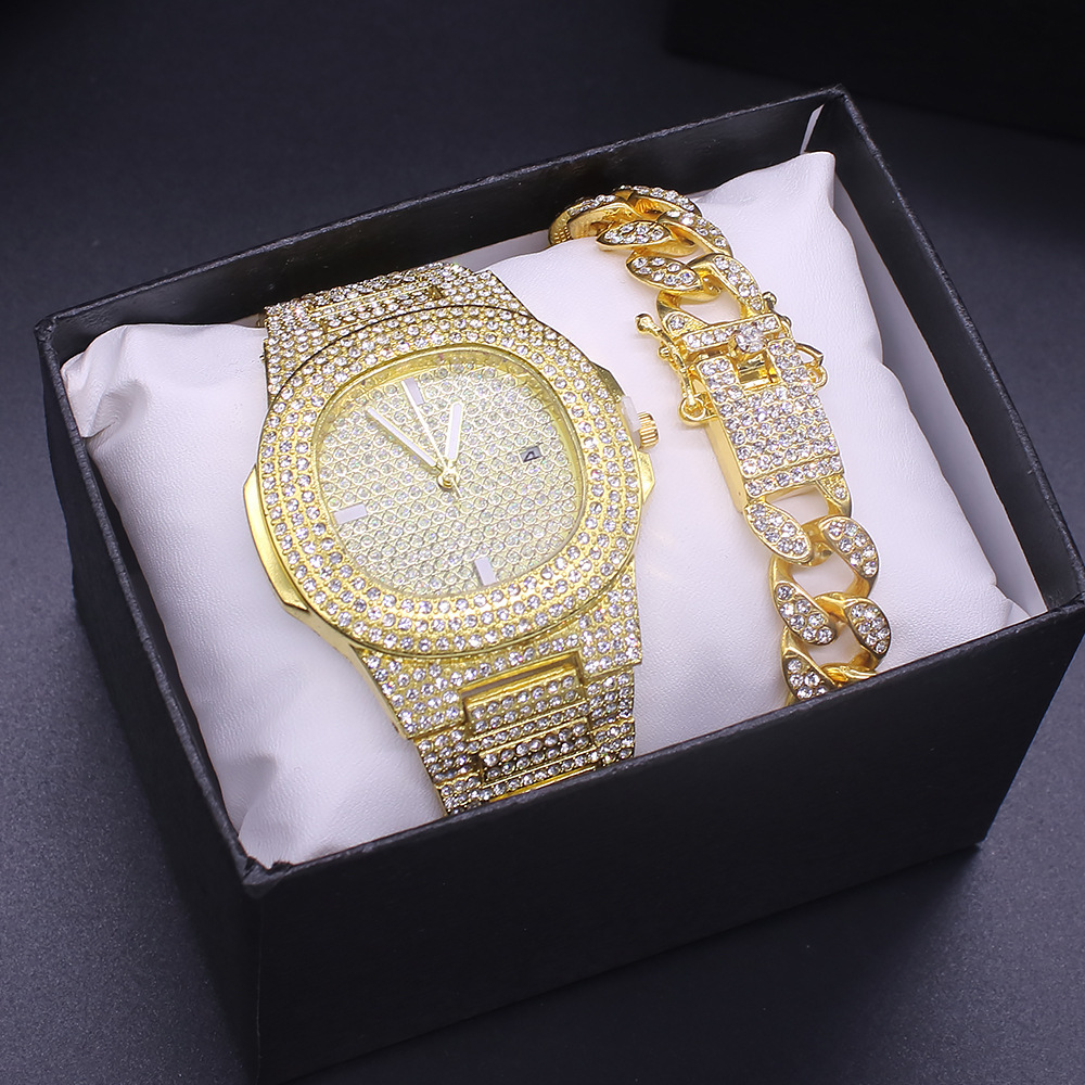 Casual, trendy and personalized large square dial full of diamonds steel band quartz watch + bracelet (2pcs/set) - Image 2