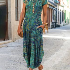 2021 European and American cross-border new Amazon independent station women's round neck pocket short-sleeved trendy printed dress