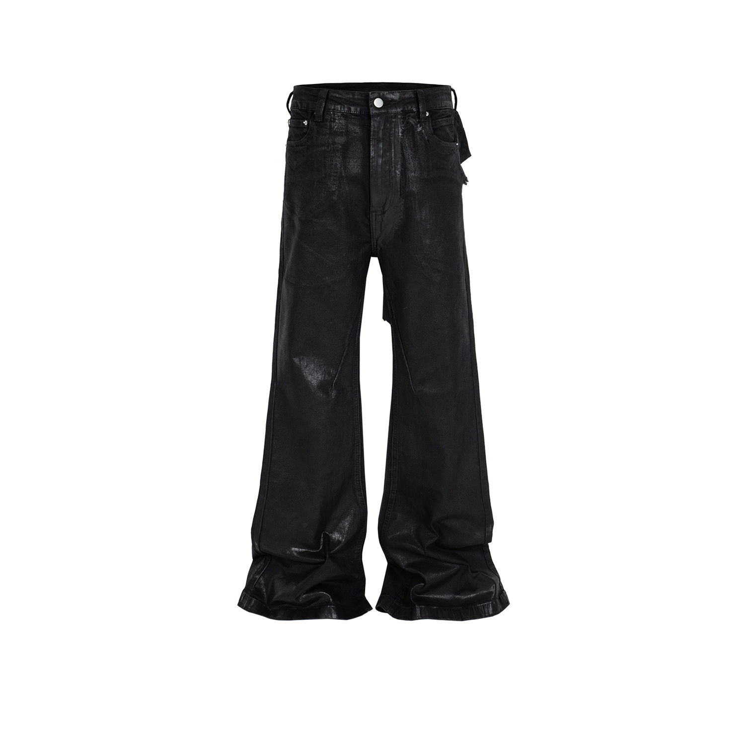 MIJKO men's and women's black rubber coated flared pants unisex high street splicing destroyed black warrior jeans - Image 6